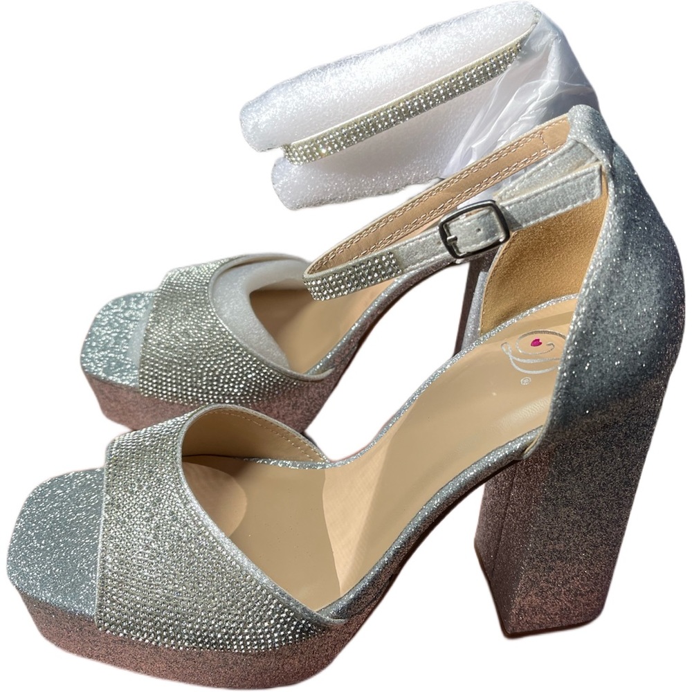 Silver Glitter and Rhinestone Peep Toe Heels